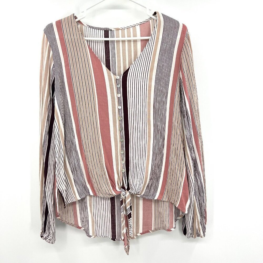 Vertical Striped 100% Rayon Faux Button Tie Front Blouse Women's Medium